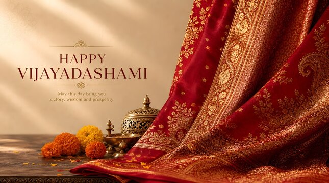 Luxurious Red Silk Saree with Gold Brocade and Brass Diya for Happy Vijayadashami Banner Background