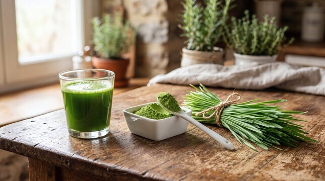 Fresh Green Wheatgrass Juice and Powder on Rustic Table.