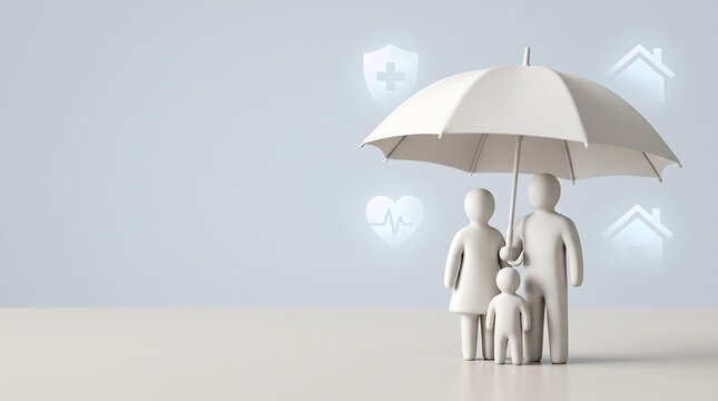 Family insurance concept represented by miniature white plastic figures standing under protective umbrella symbol surrounded by glowing digital coverage icons.