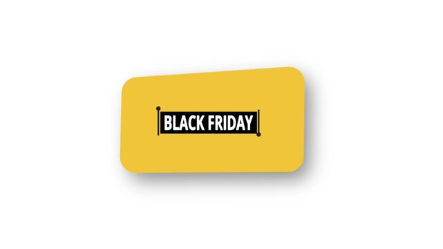 Black Friday sale badge &mdash; bright golden-yellow rounded rectangle with soft drop shadow, bold white "BLACK FRIDAY" text on black banner, 3D floating effect, isolated promotional tag, modern marketing.