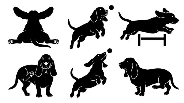 Basset Hound Dog Silhouettes Jumping Playing and Scratching Set