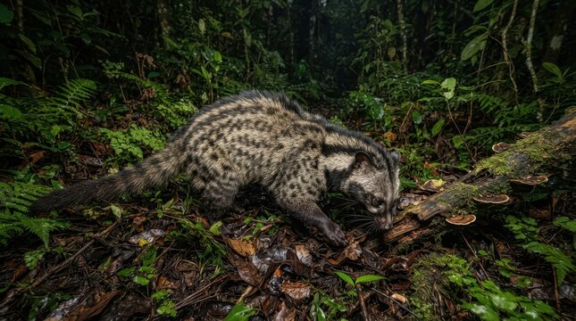 Civet in a Lush Rainforest: A spotted civet cat, known for its unique markings, navigates the dense undergrowth of a vibrant, emerald-green rainforest.