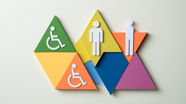 Colorful paper craft puzzle composition with diverse gender and accessibility symbols representing community inclusion and universal human rights