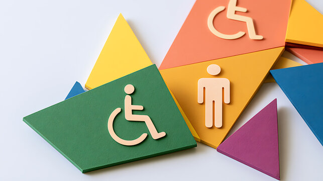 Colorful puzzle pieces with accessibility symbols and male figure icon arranged on white surface to represent inclusion, diversity and support