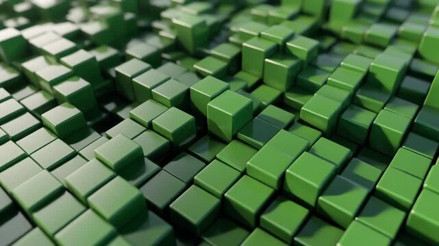 An abstract composition featuring an arrangement of numerous small green cubic forms creating a textured and geometric surface with a shallow depth of field, suggesting growth and organic