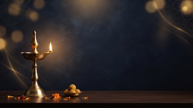 Traditional golden oil lamp and laddoo sweets with marigold petals on a dark blue background.