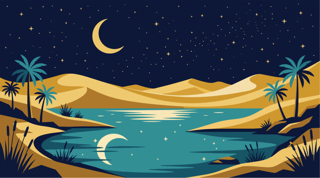 Desert oasis vector illustration featuring golden sand dunes under a starry night sky with moon