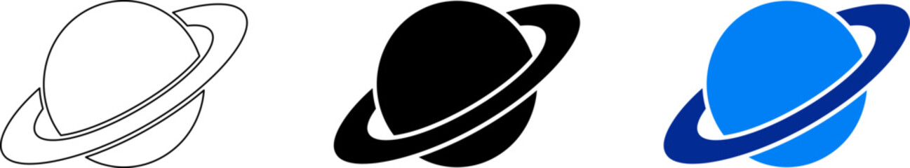 Set of three saturn planet icons with outline solid black and blue color variations for graphic design © Digital-Art