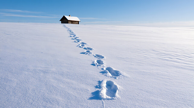 A serene winter landscape featuring a lonely wooden cabin in a vast snowy field with a clear path of human footsteps leading to it