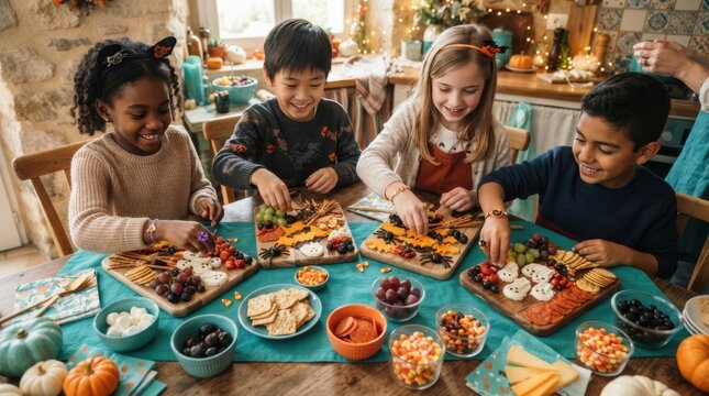 Kids Creating Culinary Masterpieces: A group of diverse children delight in assembling their own festive snack platters, a vibrant celebration of creativity and seasonal flavors.