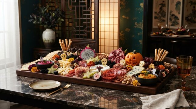 Spooky Halloween Feast: A lavish charcuterie board adorned with Halloween-themed decorations, featuring an array of cheeses, cured meats, fruits, and spooky treats, perfect for a festive gathering.