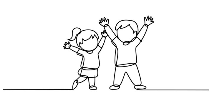 Happy children playing with raised hands continuous one line drawing for parenting blogs and education website graphics.