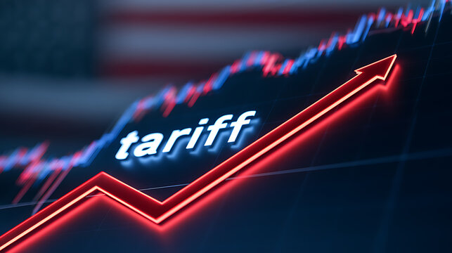 US tariff increase concept with glowing text and red upward financial market chart graph on dark background symbolizing trade policy war