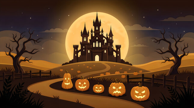 Spooky halloween background featuring a haunted castle on a hill with glowing jack o lanterns and a full moon
