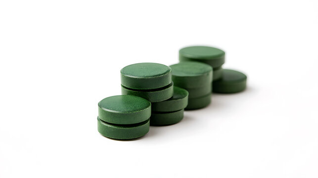 Natural green spirulina or chlorella algae tablets isolated on a clean white background, representing organic herbal dietary supplements health