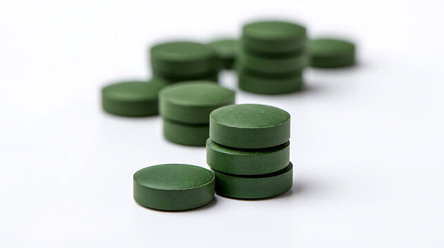 Green spirulina algae superfood supplement tablets stack on white background for health wellness nutrition medicine pharmaceutical product view