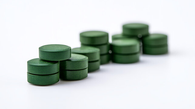 Green spirulina chlorella algae tablets stack on white background macro studio shot, natural organic superfood supplement vitamin pill concept