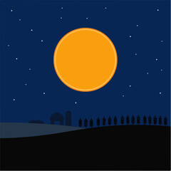 Fototapeta premium Harvest moon glowing in night sky over farm silhouette. Minimalist flat design vector illustration. Autumn rural landscape background