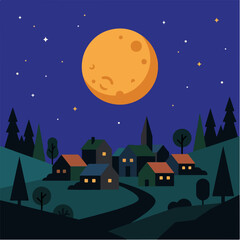Fototapeta premium Harvest moon over sleeping village. Flat design vector illustration of rural night landscape. Cozy autumn countryside concept