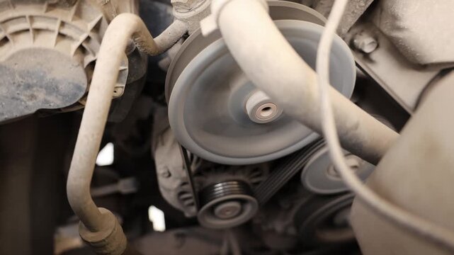 Detailed view of a car engines belt system in motion, showing multiple pulleys and a serpentine belt spinning rapidly.