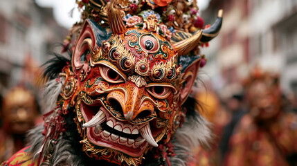 Fototapeta premium close-up of an elaborate hand-painted Fasnacht carnival mask with intricate details, worn by a costumed participant, soft daylight, blurred old town street in the background