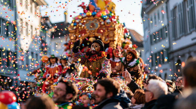 an elaborately decorated Fasnacht carnival float carrying costumed masked figures moving through a crowded old town street, colorful confetti falling, daytime festive atmosphere
