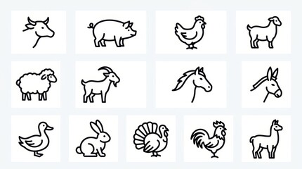 Fototapeta premium Set of Minimalist Farm Animal Line Icons Including Cow, Pig, Chicken, Sheep, Horse, and Goat for Agricultural Design