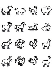 Fototapeta premium Minimalist Farm Animal Icon Set Featuring Cow Pig Chicken Sheep Horse Goat Duck Rabbit Donkey Turkey and Llama Line Art