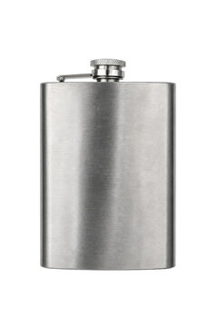 Sleek brushed stainless steel hip flask with a screw-top cap is prominently displayed against a clean white background
