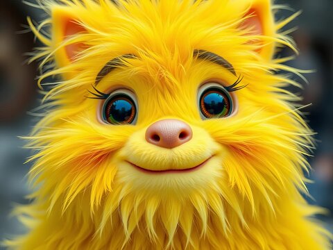 Furry, whimsical creature with bright yellow fur and smiling face, chunky, whimsy