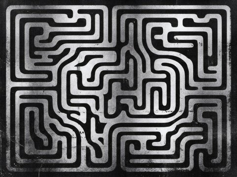 complex silver metal maze or labyrinth graphic design pattern on a dark textured background symbolizing problem solving and strategy