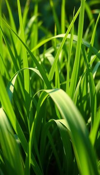 Lush green grass blades sway gently in the breeze, lawn, summer