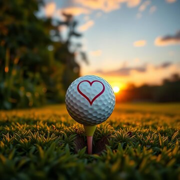A golf ball with a heart design sits on a tee at sunset, surrounded by lush greenery, calm, golf course