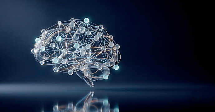 Futuristic 3D rendering of a human brain formed by connected digital nodes and glowing neural networks on a dark blue background.