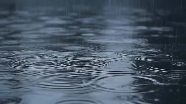 Gentle raindrops create captivating concentric ripples and splashes on a dark, reflective surface, evoking a sense of serene atmospheric weather and the dynamic motion of falling precipitation