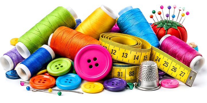 Colorful sewing kit with thread spools and buttons. Tailor tools including measuring tape and thimble. Vibrant handicraft supplies on white background.
