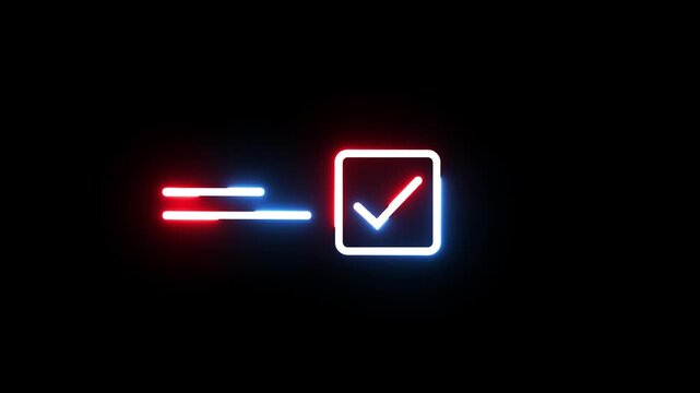 Neon glowing checkbox with a check mark icon motion graphic animation on a dark background concept