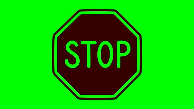 animated stop sign with black fill and green outline featuring a flashing red light effect isolated on a green chroma key background for easy video editing