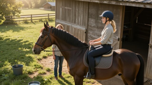 A woman and her companion ride a chestnut horse through the golden light of late afternoon on a serene rural farm, surrounded by lush green fields and rustic barns.