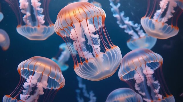 Captivating school of translucent jellyfish gracefully drifts through deep ocean waters, revealing ethereal glowing tendrils and bell shapes illuminated by soft aquatic light