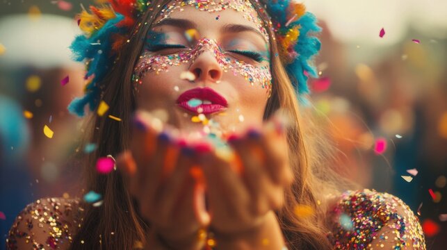 Young woman with glittery makeup blowing colorful confetti at a festival
