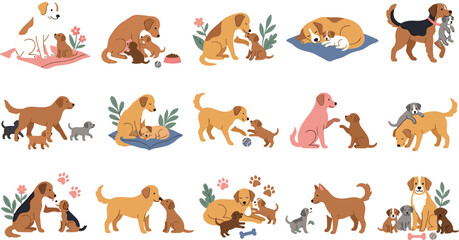 Fototapeta premium Cute Dog and Puppy Family Cartoon Character Set with Mother and Baby, Pet Vector Illustration Collection for Design