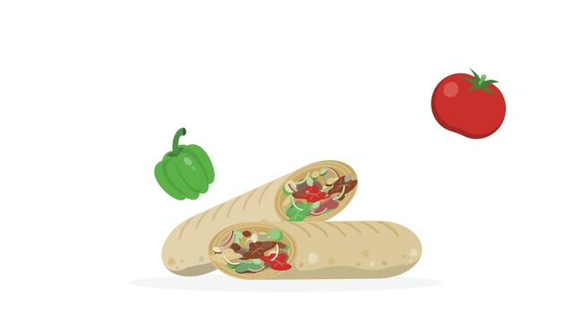 Shawarma Wrap Assembly, Middle Eastern Kebab Recipe Animation, Flat Food Illustration, Ingredients Falling Motion, Colorful Vector Graphic, Restaurant Menu Promo, Culinary Step-by-Step Guide