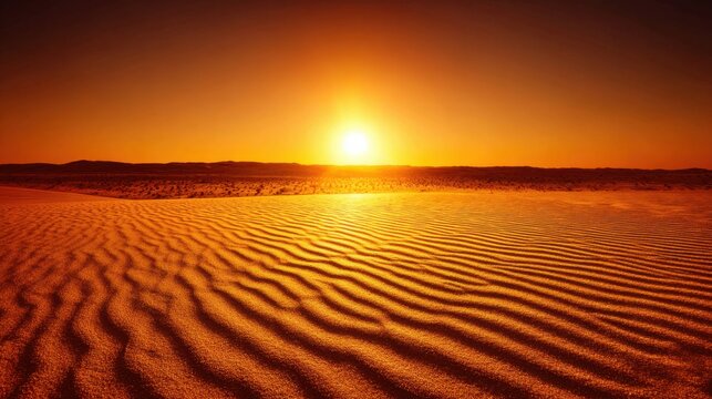 Golden Desert Dunes Under a Shimmering Sunset with Visible Heat Haze