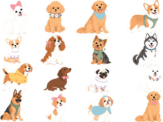 Fototapeta premium Cute Dog Breed Cartoon Character Set with Poodle, Corgi, Husky and Chihuahua Wearing Bow and Scarf, Pet Vector Illustration