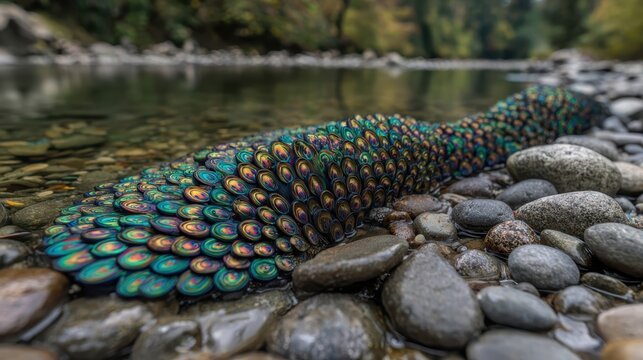 Intricate Arrangement of Shed Peacock Feather Barbs on a Rocky Riverbank, Showcasing Natural Iridescent Beauty