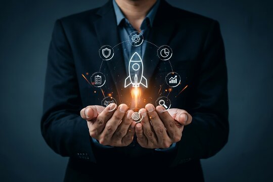 Businessman cupping hands with glowing startup rocket launch hologram and icons above palms