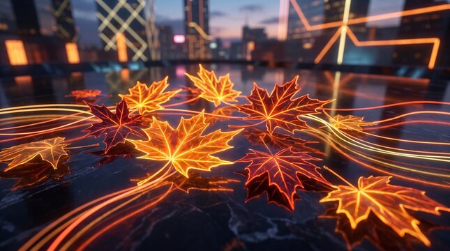 Futuristic Glowing Autumn Leaves on City Rooftop Reflective Surface