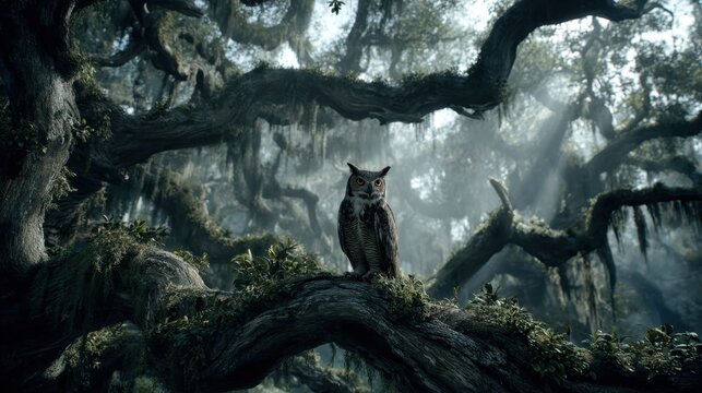Majestic Great Horned Owl Perched on a Gnarled Ancient Tree Branch in a Misty Forest