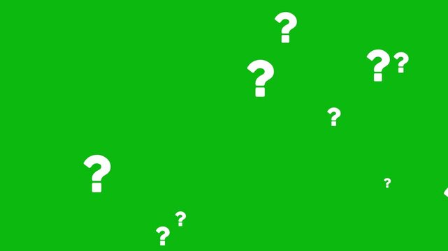 floating question marks animation loop on green screen chroma key, white question mark symbols falling and floating.